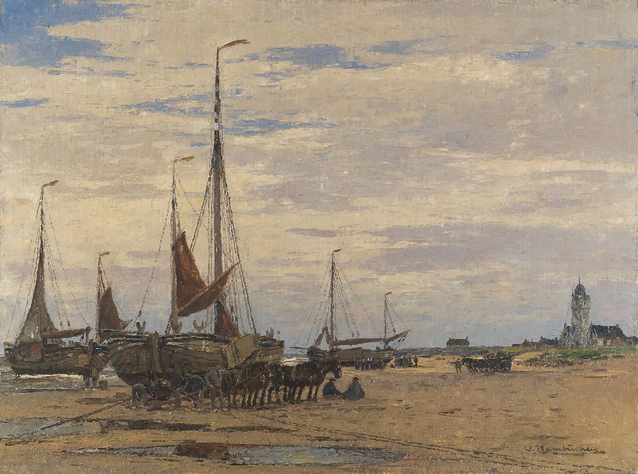 Hambüchen W.  | Wilhelm Hambüchen, Herring-fishermen on the beach of Katwijk, oil on canvas 60.4 x 80.8 cm, signed l.r.
