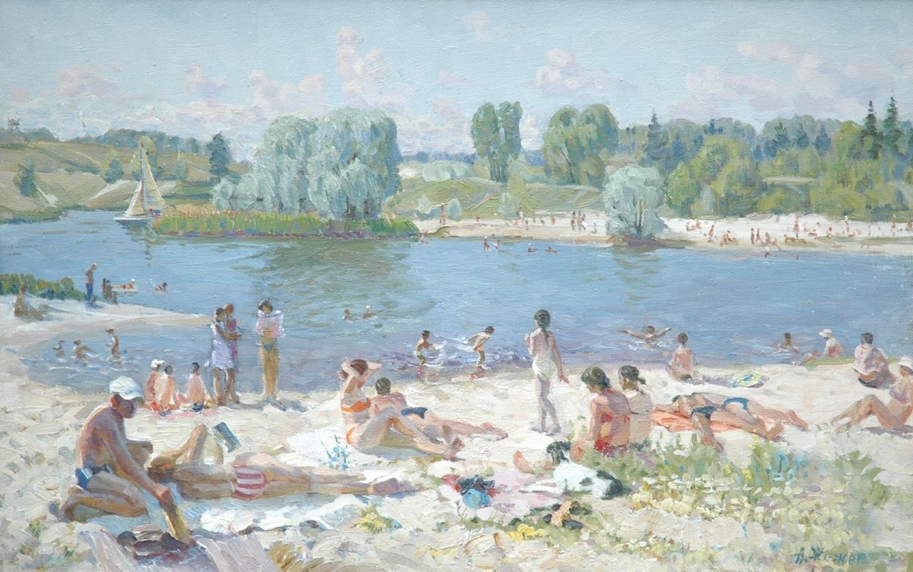 Zjezjer A.M.  | Anatoli Michailovich Zjezjer, Summery beach scene at the Dnjepr, Ukraine, oil on canvas 54.2 x 84.9 cm, signed l.r. and on the reverse
