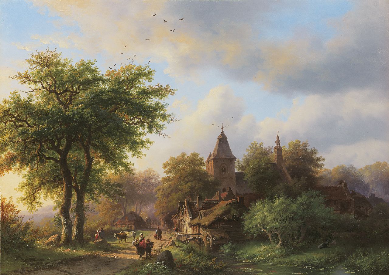 Kruseman F.M.  | Frederik Marinus Kruseman, A woody country road along a village, oil on panel 29.5 x 41.0 cm, painted in 1857