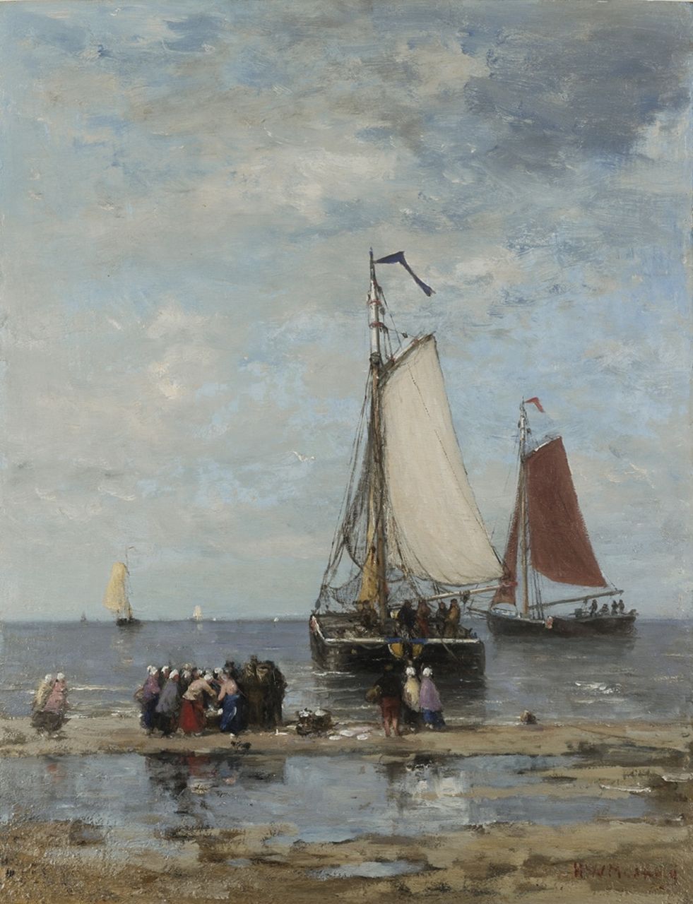 Mesdag H.W.  | Hendrik Willem Mesdag, Fisher-folk and 'bomschuiten on the beach, oil on panel 51.2 x 39.7 cm, signed l.r.