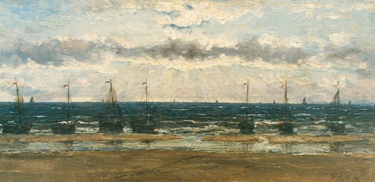 Mesdag H.W.  | Hendrik Willem Mesdag, 'Bomschuiten' on the beach, oil on canvas laid down on panel 13.9 x 29.0 cm, signed l.r. with initials and dated '71