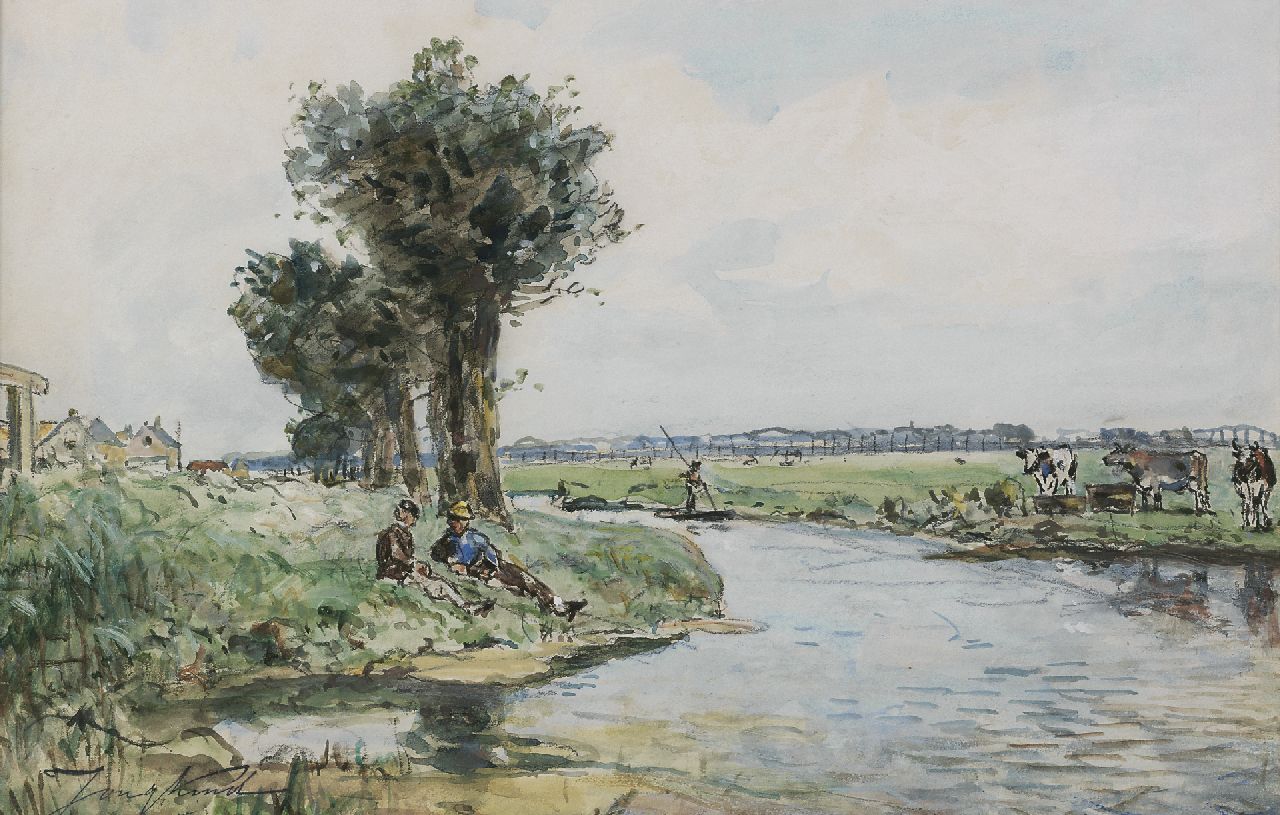Jongkind J.B.  | Johan Barthold Jongkind, Along the river, watercolour on paper 28.2 x 41.2 cm, signed l.l. with artist's stamp and painted in 1867