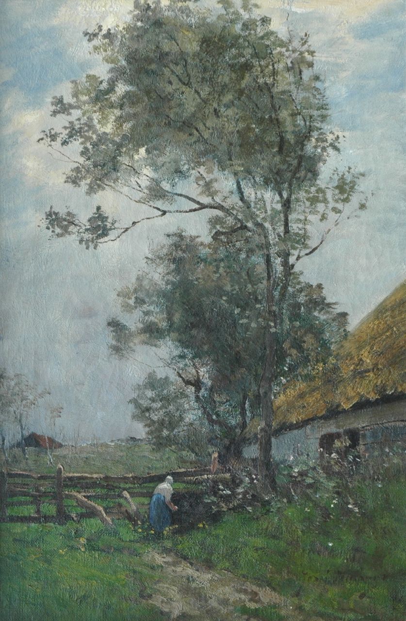 Neuhuys J.H.  | Joseph Hendrikus 'Jozef' Neuhuys, Farmer's wife at work, oil on canvas 48.6 x 32.1 cm, signed l.r.