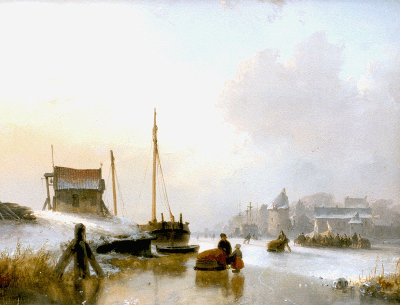 Schelfhout A.  | Andreas Schelfhout, Skaters and a 'koek-en-zopie' on a frozen waterway, oil on panel 25.4 x 32.7 cm, signed l.l.