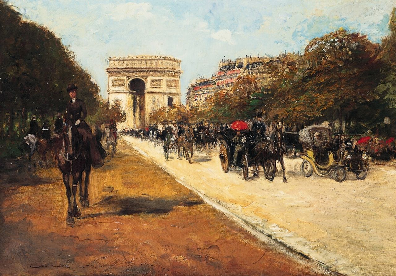Stein G.  | Georges Stein, The Avenue Foch with the Arc de Triomphe in Paris, oil on canvas 38.0 x 55.0 cm, signed l.l.