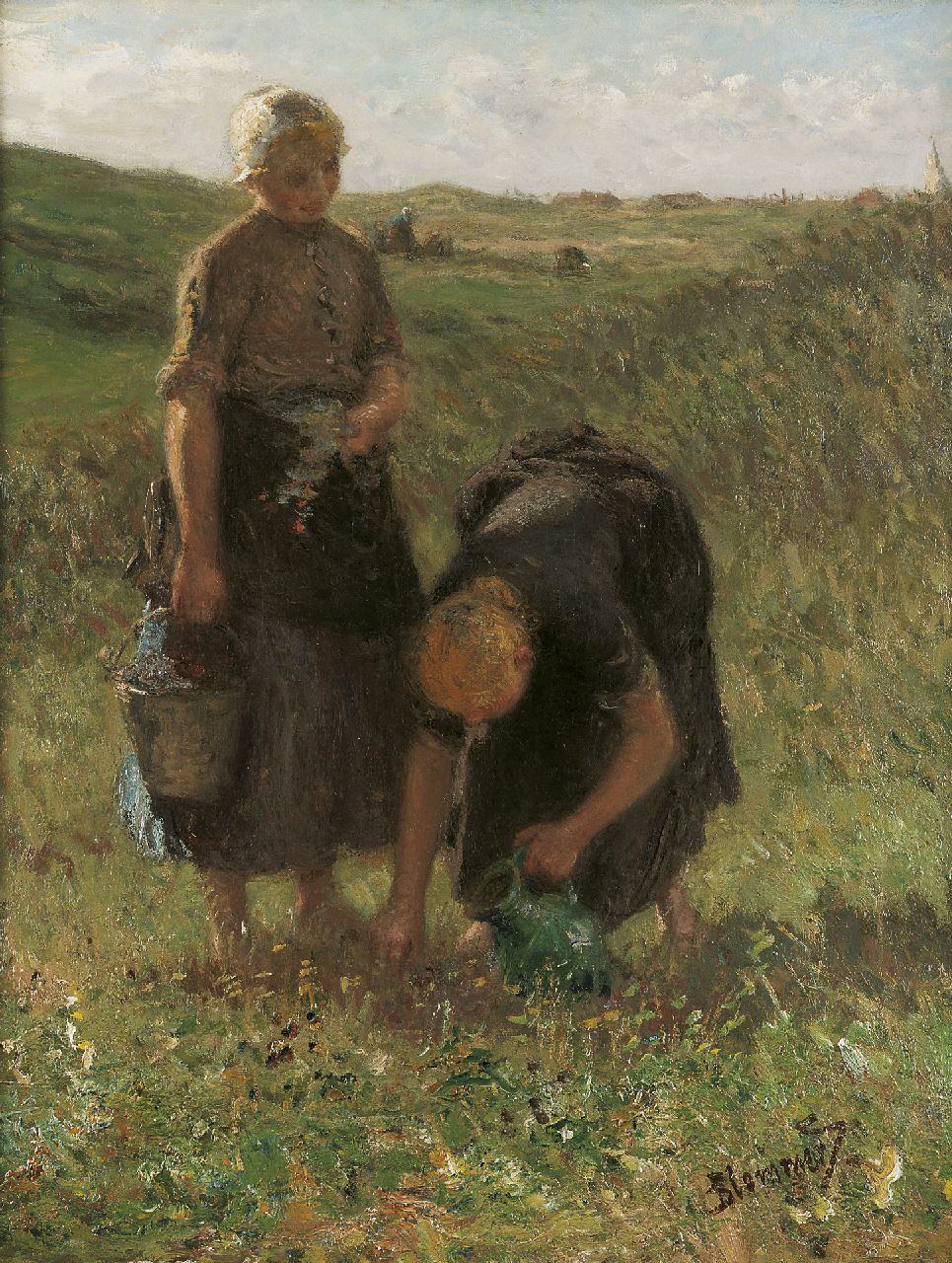 Blommers B.J.  | Bernardus Johannes 'Bernard' Blommers, Picking flowers in the dunes, oil on canvas 71.7 x 56.0 cm, signed l.r.