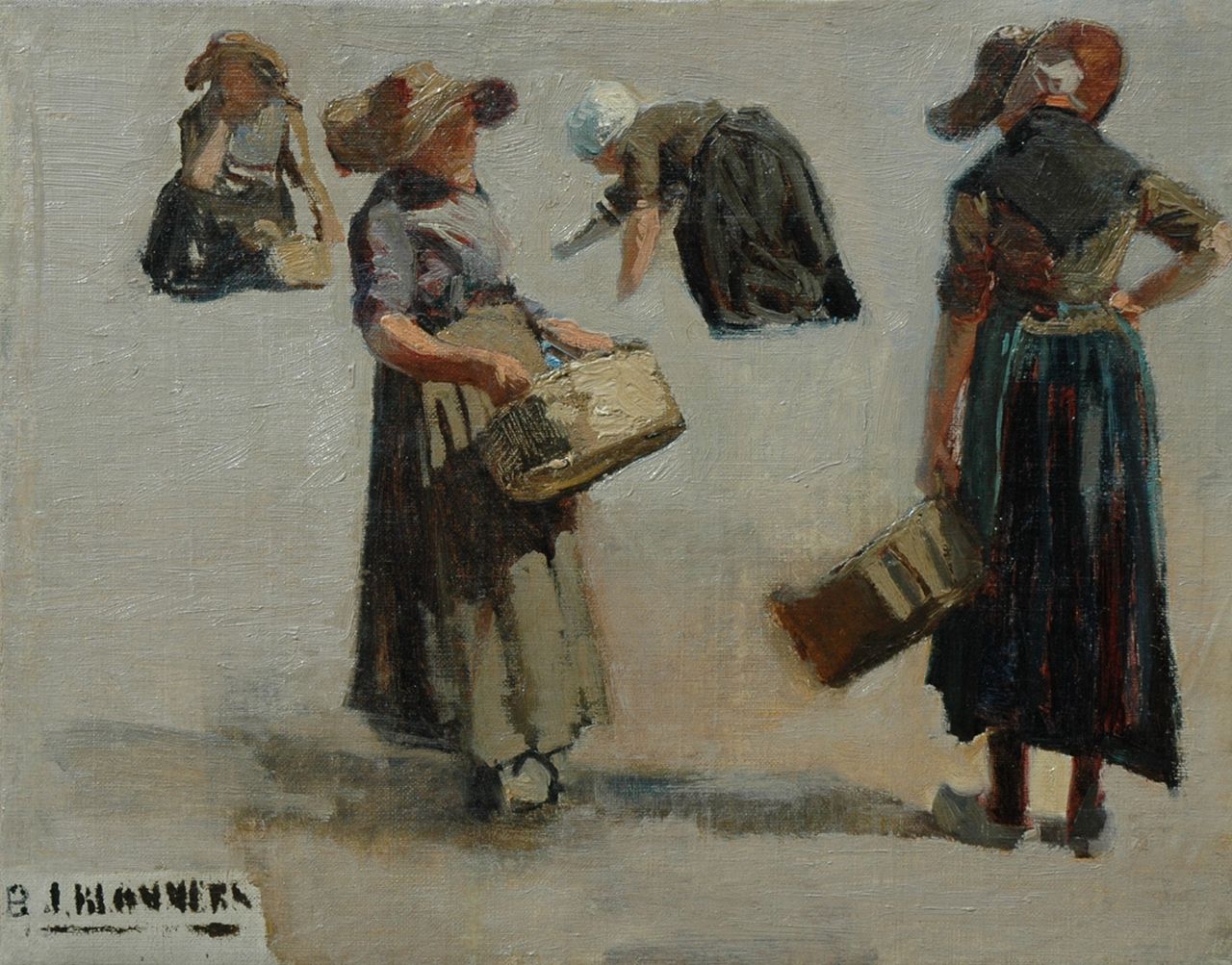 Blommers B.J.  | Bernardus Johannes 'Bernard' Blommers, Fish seller from Katwijk, a study, oil on canvas 29.6 x 37.5 cm, signed l.l.