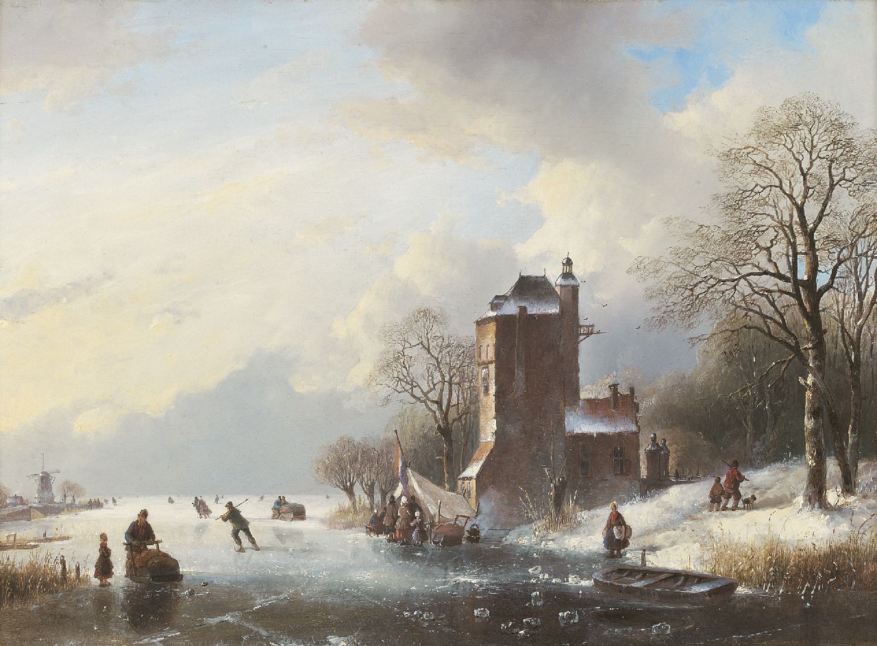 Spohler J.J.  | Jan Jacob Spohler, View of a frozen river with an icebound rowing boat, oil on panel 43.0 x 58.7 cm, signed l.r. on rowing boat and painted 1842