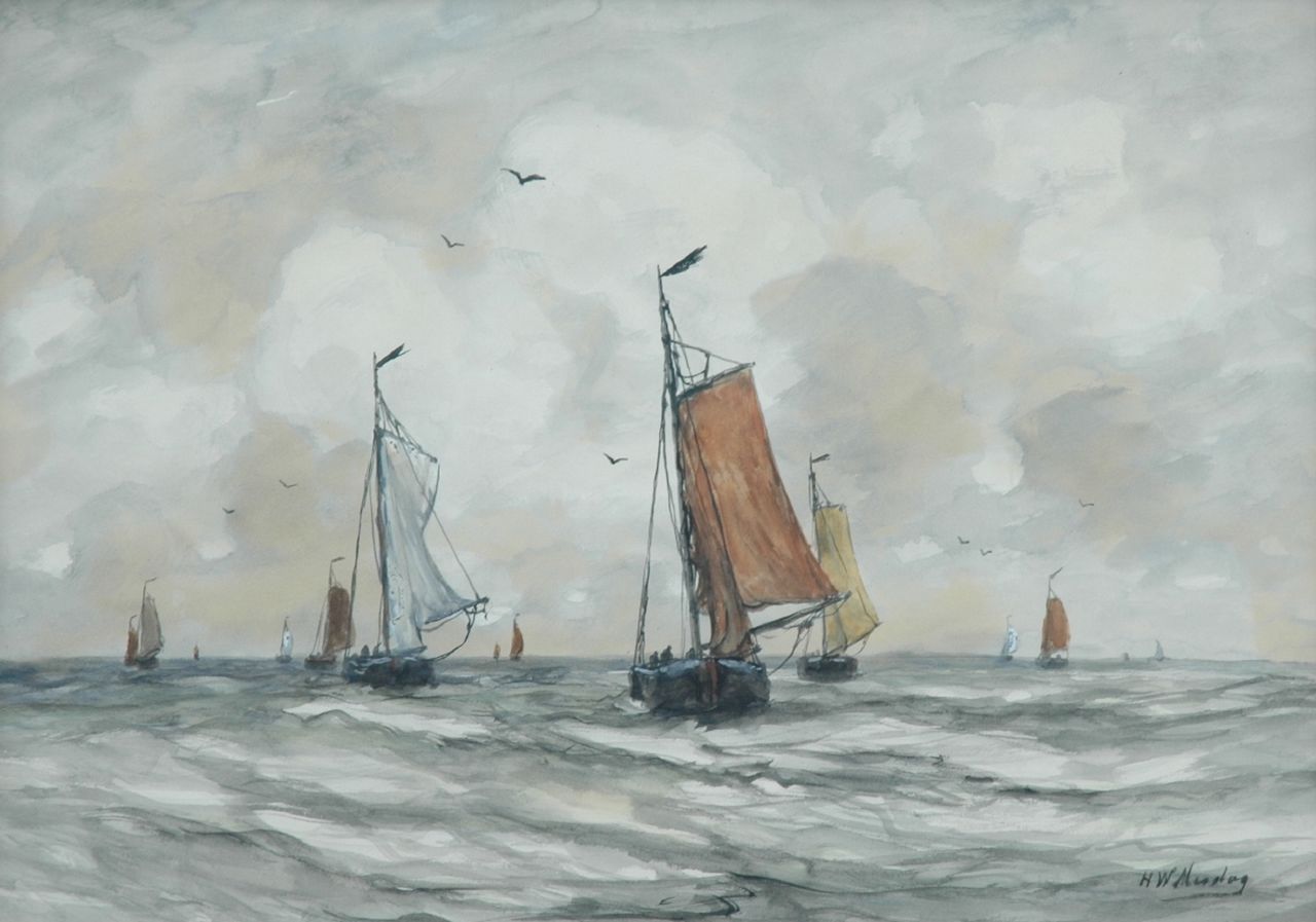 Mesdag H.W.  | Hendrik Willem Mesdag, 'Bomschuiten' in full sail, watercolour on paper 40.5 x 56.5 cm, signed l.r.