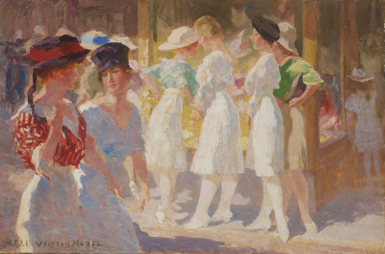 Vaarzon Morel W.F.A.I.  | Wilhelm Ferdinand Abraham Isaac 'Willem' Vaarzon Morel, Shopping young ladies, oil on panel 17.7 x 26.9 cm, signed l.l.