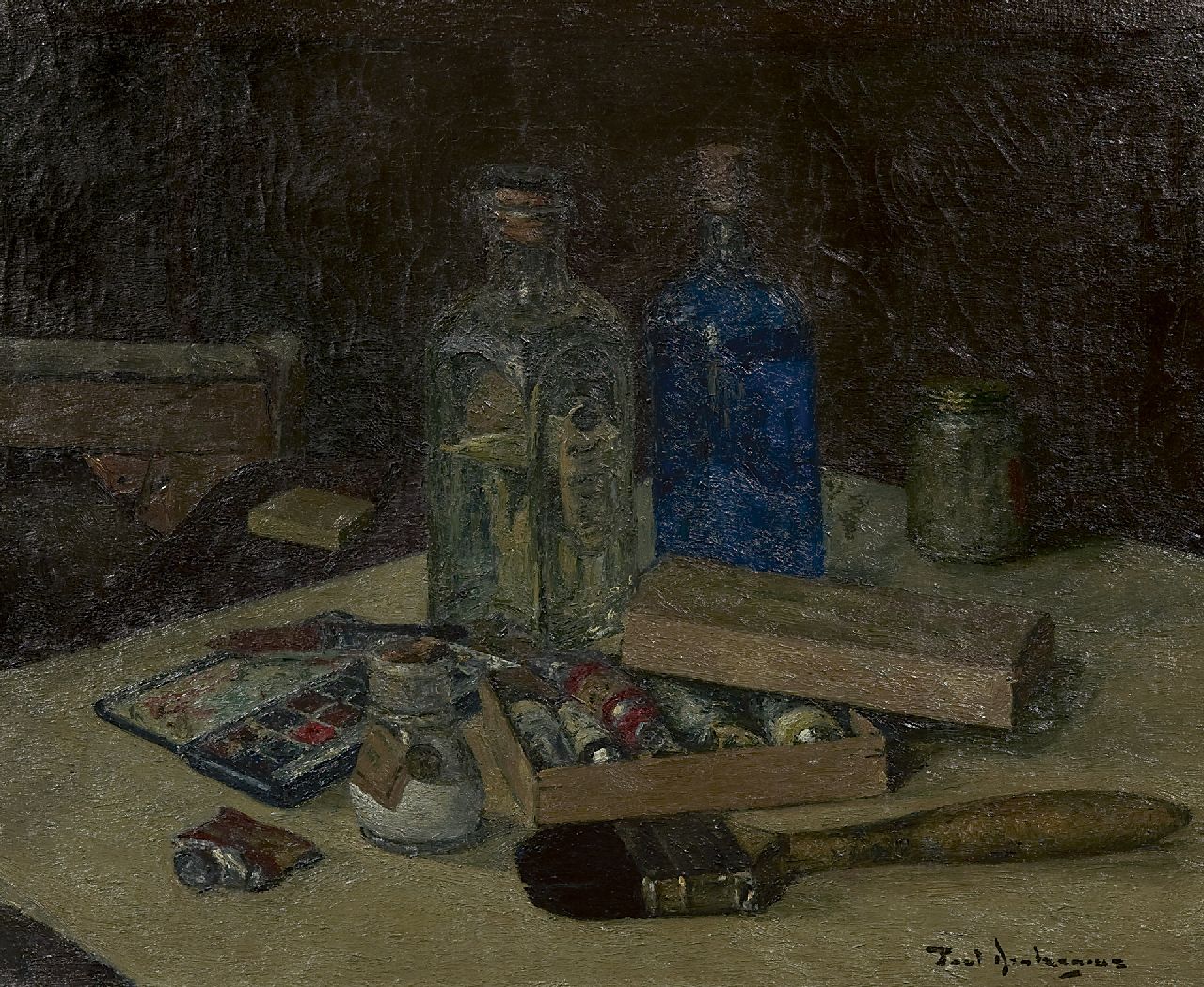 Arntzenius P.  | Paul Arntzenius, Still life of painting attributes, oil on canvas 35.1 x 42.8 cm, signed l.r. and dated on stretcher 1943