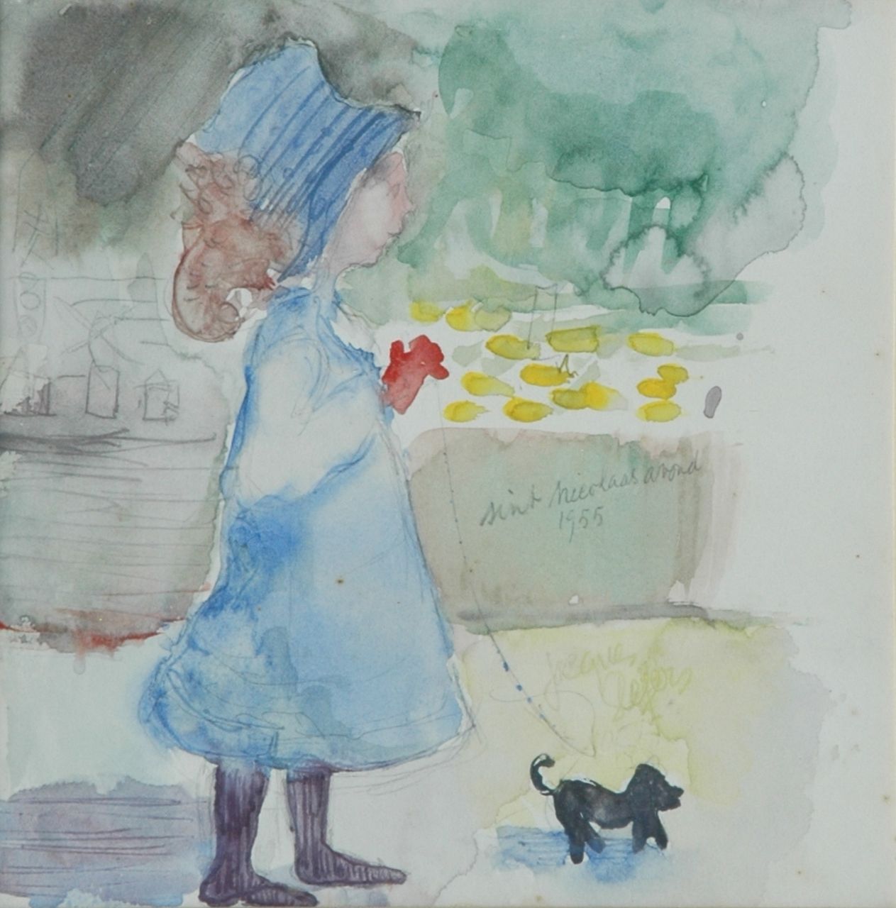 Slegers J.F.W.  | Jacobus Franciscus Wilhelmus 'Jacques' Slegers, Girl with dog, watercolour on paper 23.0 x 25.5 cm, signed c.r. and dated 1955