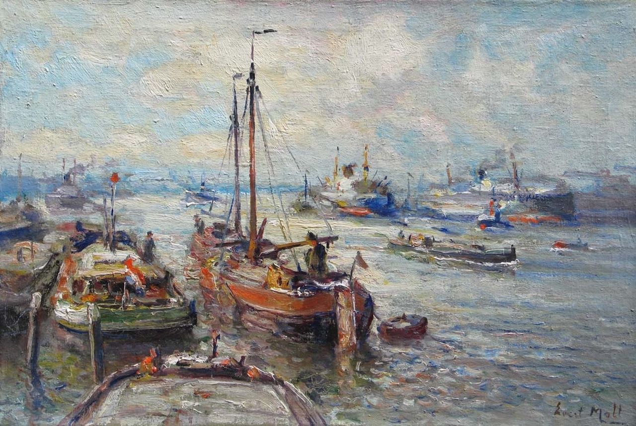 Moll E.  | Evert Moll, Ship traffic at Rotterdam's harbour, oil on canvas 40.4 x 60.0 cm, gesigneerd rechtsonder