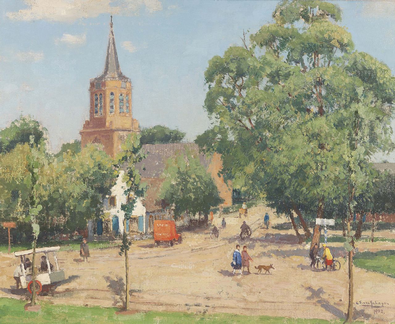 Schagen G.F. van | Gerbrand Frederik van Schagen, View of the Brink, Laren, oil on canvas 43.4 x 53.5 cm, signed l.r. and dated 1932