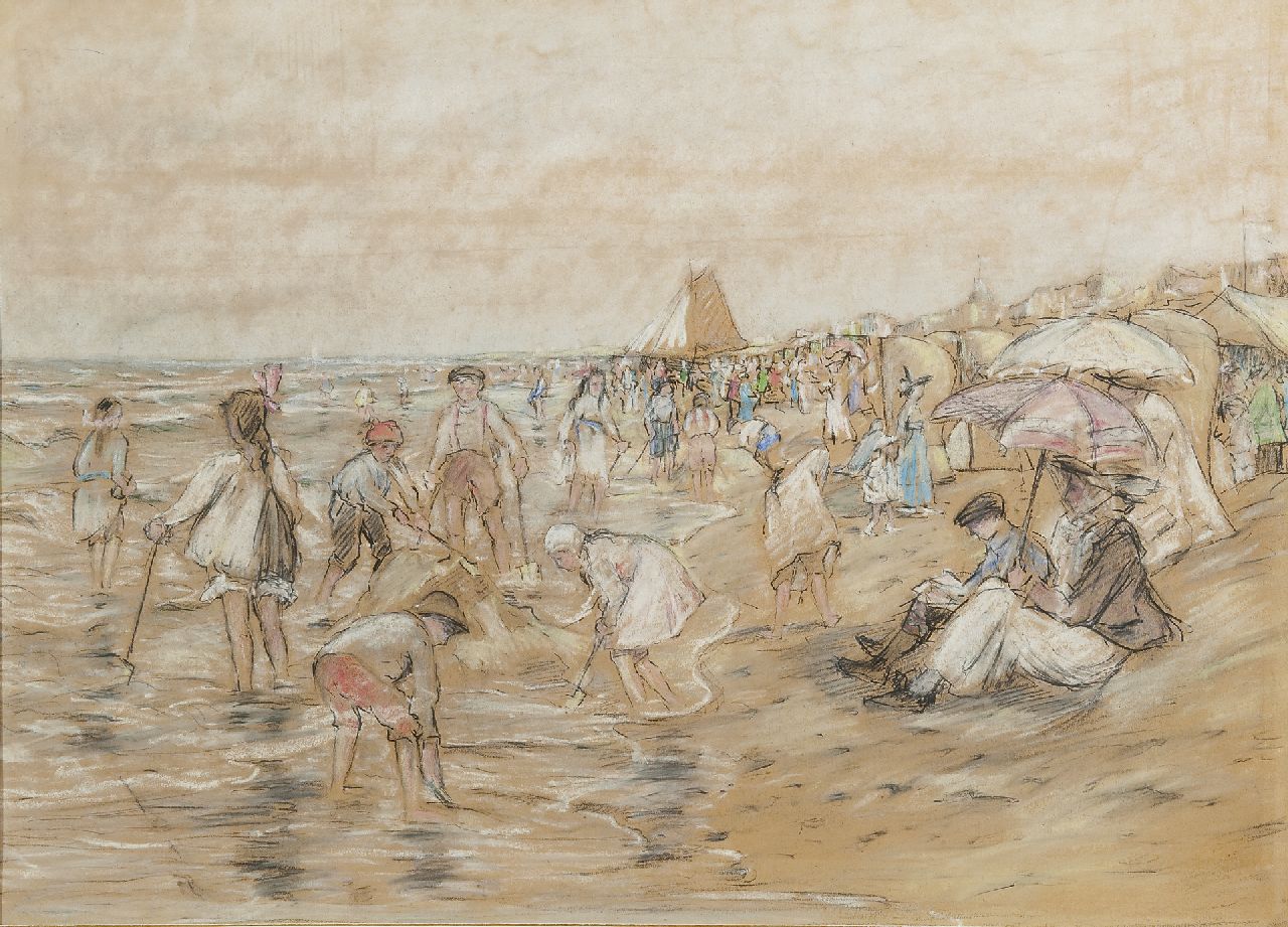 Schooten J.A. van | Jan Antonius van Schooten, A beach scene at Katwijk with on the righthand side the wife and son of the painter, charcoal, conté and pastel on paper 44.8 x 58.2 cm, painted in 1916