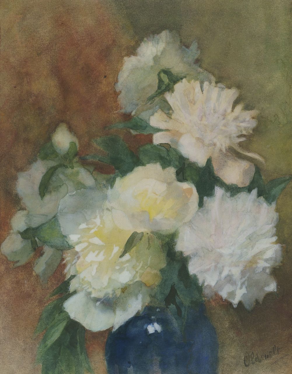 Oldewelt F.G.W.  | 'Ferdinand' Gustaaf Willem Oldewelt | Watercolours and drawings offered for sale | Peonies in a blue vase, watercolour on paper 50.3 x 38.3 cm, signed l.r.