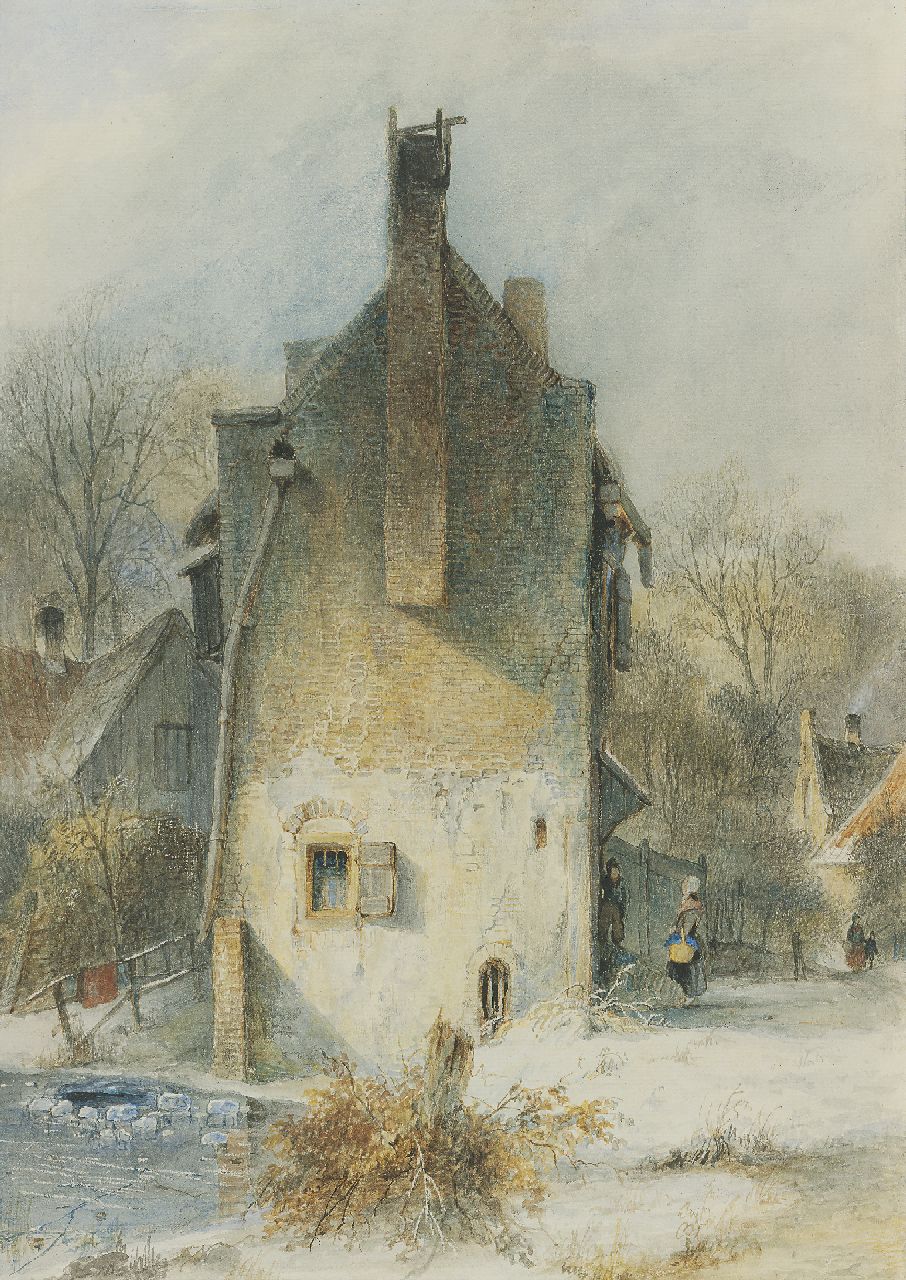 Schelfhout A.  | Andreas Schelfhout, A Dutch town view in winter, pen, brown ink and watercolour on paper 37.9 x 27.0 cm