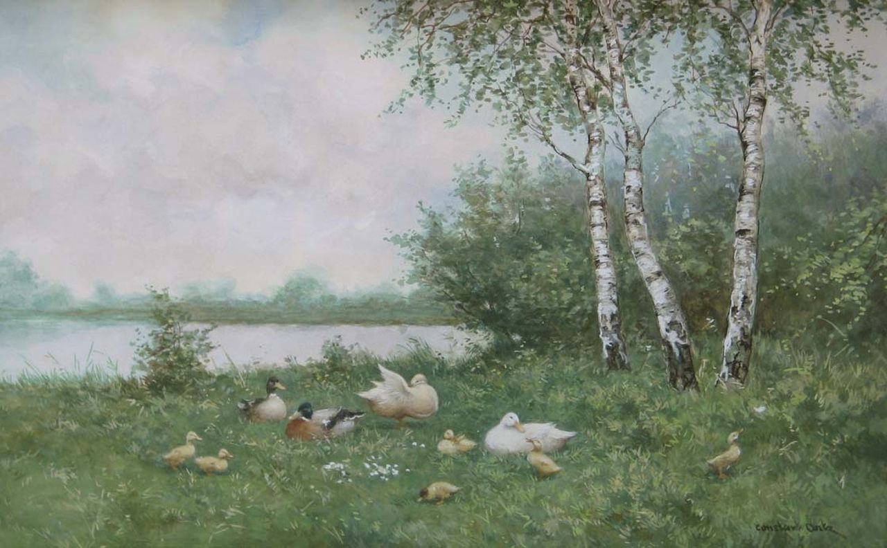 Artz C.D.L.  | 'Constant' David Ludovic Artz, Ducks and ducklings on a riverbank, watercolour on paper 35.0 x 53.5 cm, signed l.r.