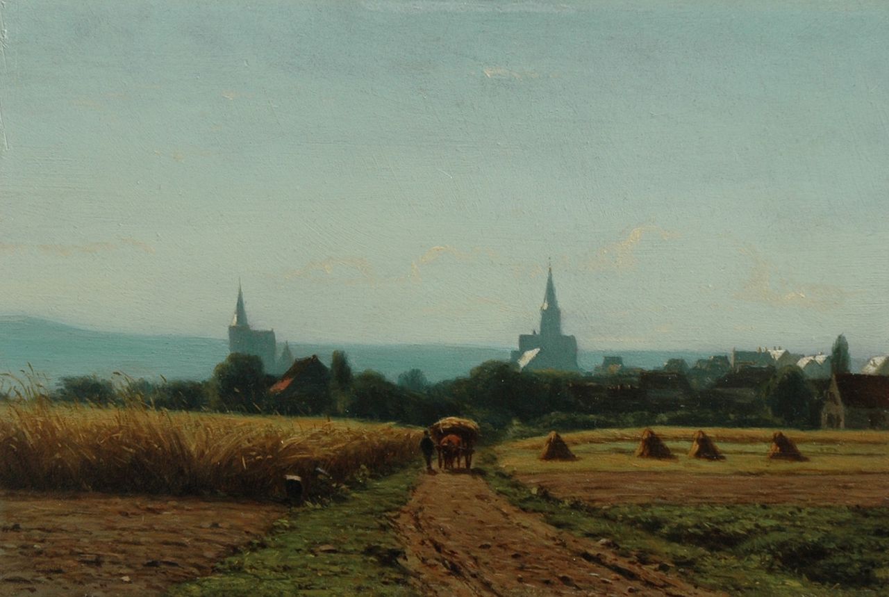 Maaten J.J. van der | Jacob Jan van der Maaten, Homeward bound along the fields, oil on panel 16.0 x 23.9 cm