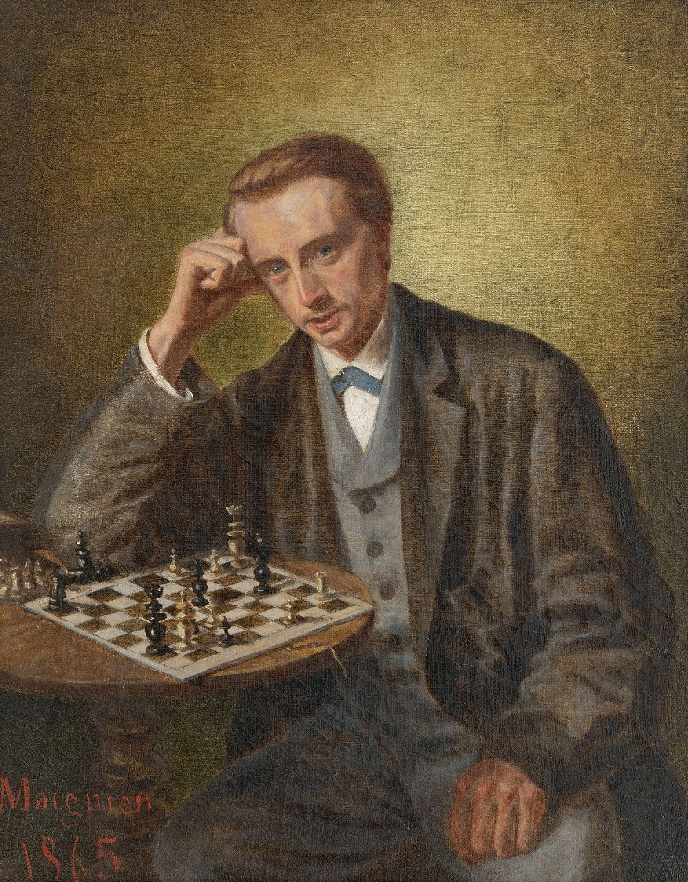 Maignien | The chess player, oil on canvas laid down on panel, 30.5 x 24.2 cm, signed l.l. and dated 1865