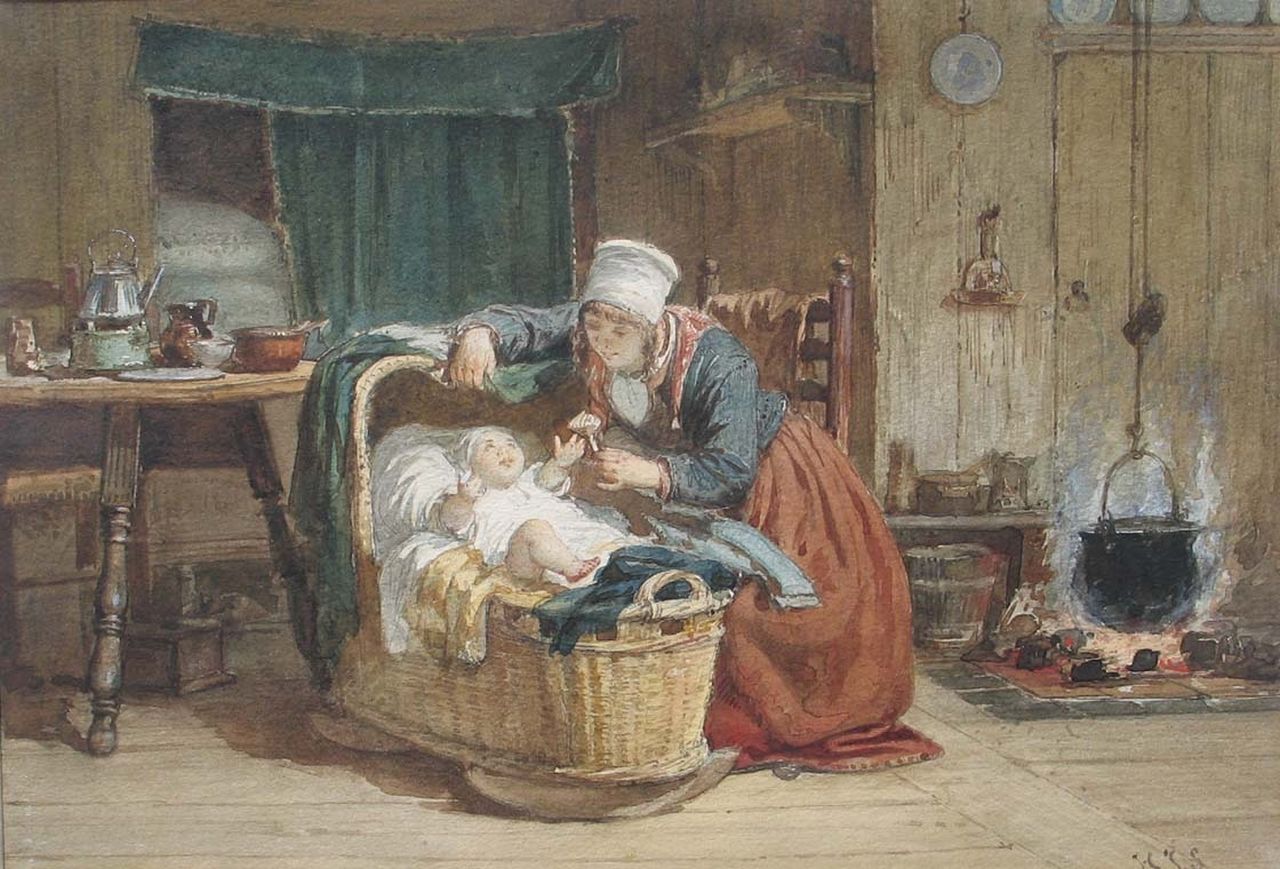 Scholten H.J.  | Hendrik Jacobus Scholten, A woman from Marken with her baby, watercolour on paper 20.3 x 28.7 cm, signed l.r. with initials