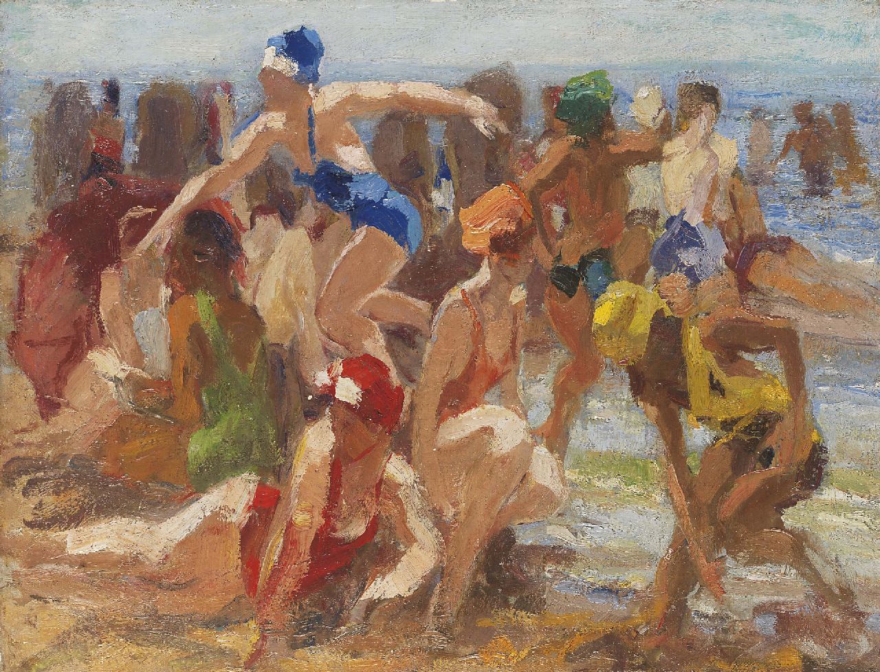 Vaarzon Morel W.F.A.I.  | Wilhelm Ferdinand Abraham Isaac 'Willem' Vaarzon Morel, Colourful bathers on the beach, oil on canvas 37.5 x 48.5 cm