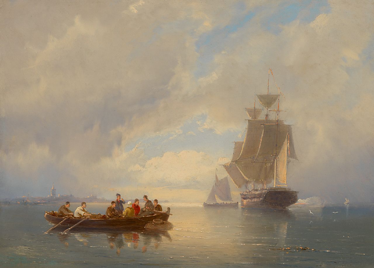 Dommershuijzen P.C.  | Pieter Cornelis Dommershuijzen | Paintings offered for sale | A war craft firing a salute off the coast, oil on canvas 27.5 x 38.1 cm, signed l.l. (indistinctly) and dated 1884, without frame