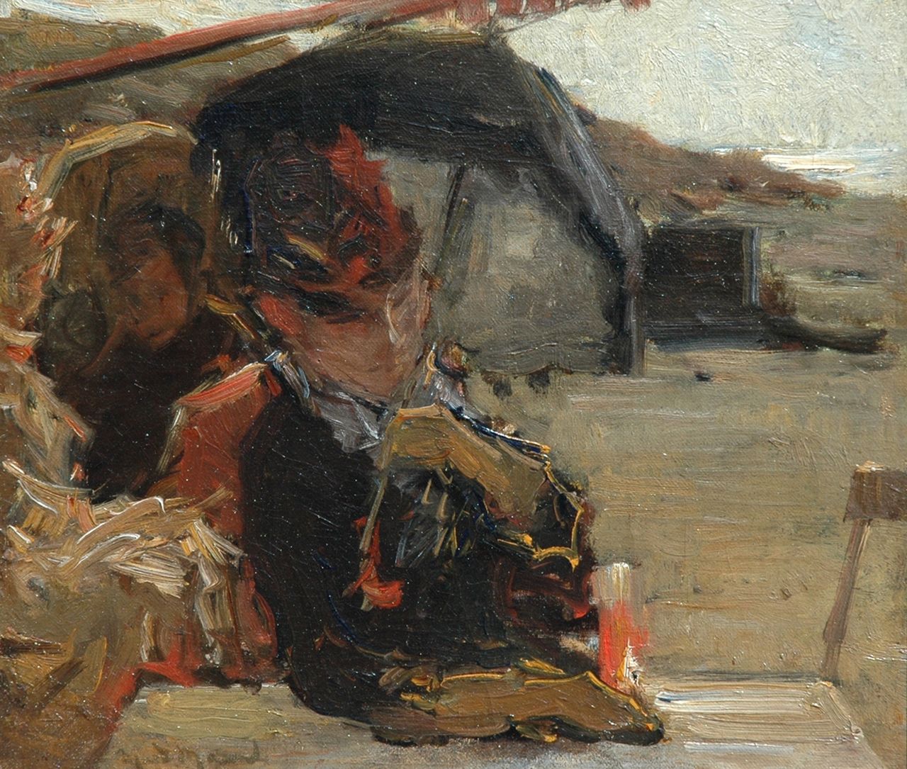Maarel M. van der | Marinus van der Maarel, A woman on a terrace in the dunes, oil on canvas laid down on panel 23.8 x 27.2 cm, signed l.l.