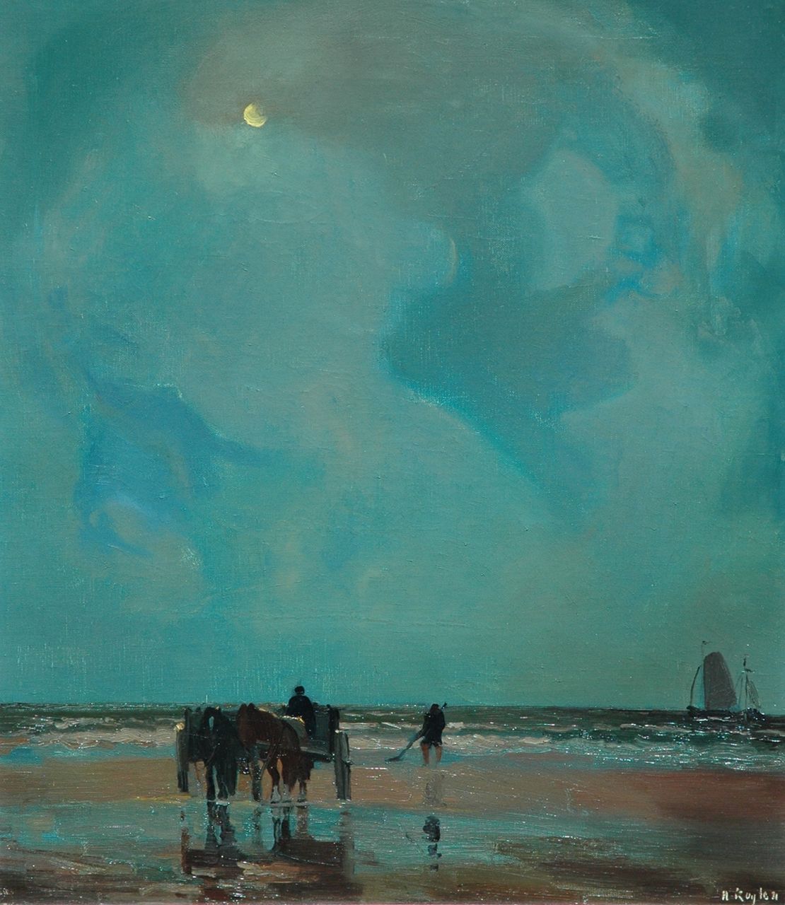 Kuijten H.J.  | Henricus Johannes 'Harrie' Kuijten, Shell-fishermen on a moonlit beach, oil on canvas 70.4 x 60.4 cm, signed l.r.