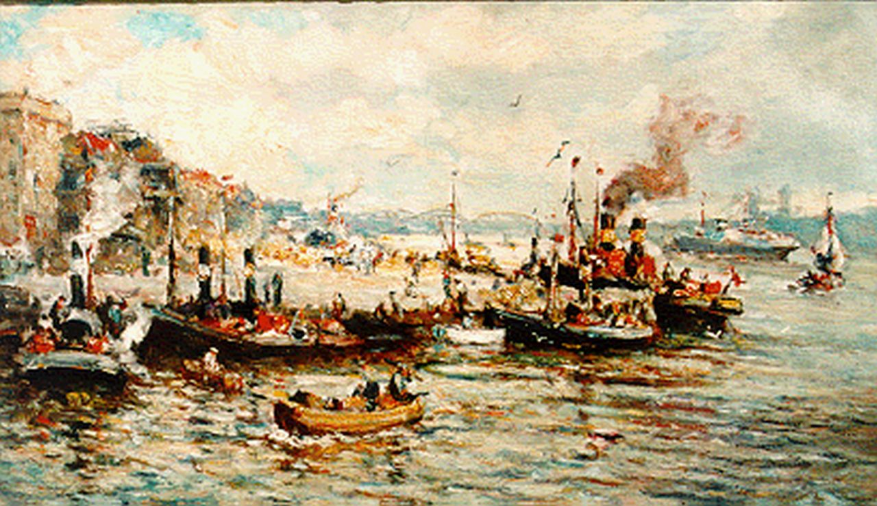 Moll E.  | Evert Moll, Moored boats, Rotterdam, oil on canvas 60.5 x 100.7 cm, signed l.r.