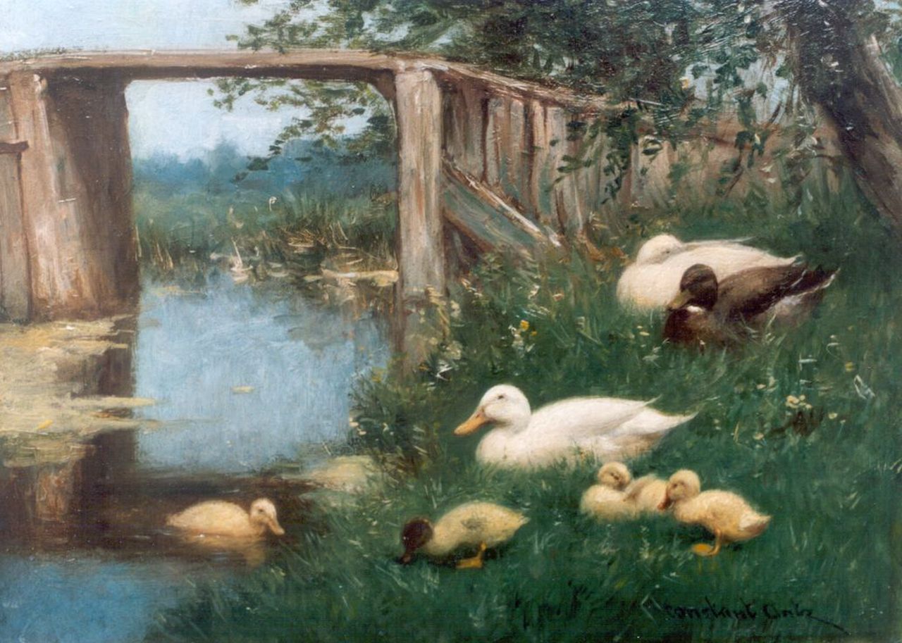Artz C.D.L.  | 'Constant' David Ludovic Artz, Ducks on the riverbank, oil on panel 18.0 x 24.0 cm, signed l.r.