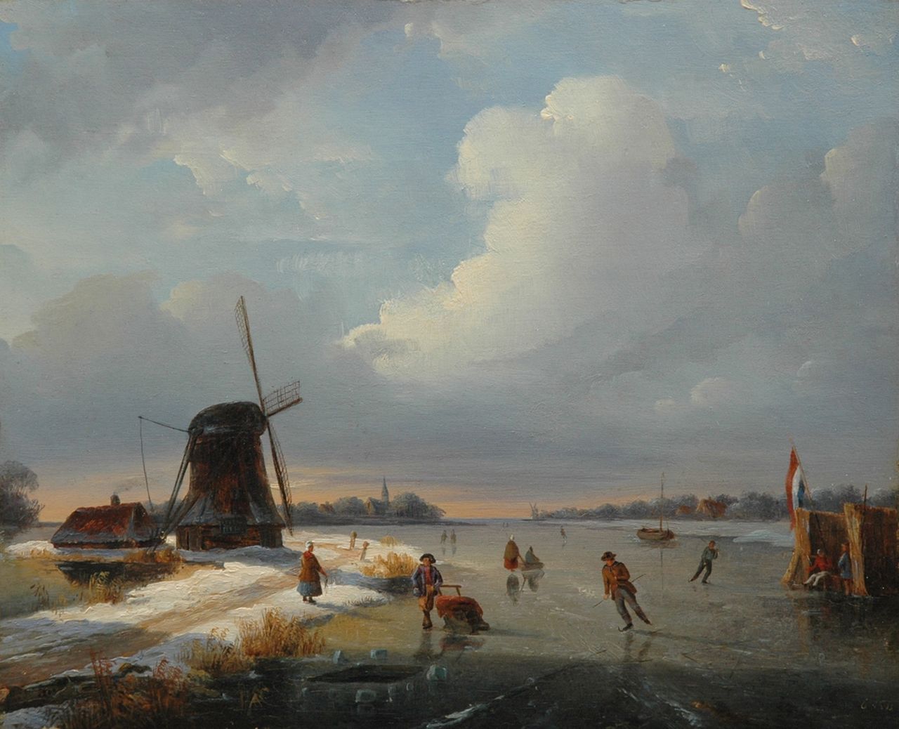 Vos C.A.  | Christoffel Albertus Vos, A winter landscape with skaters, oil on panel 27.3 x 33.6 cm, signed l.r. and datedd 18[..]