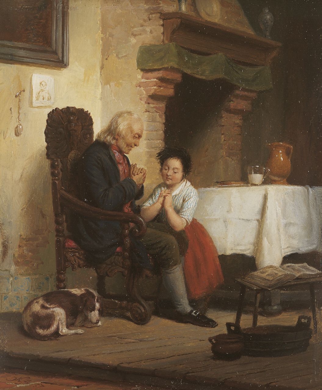 Scheerboom A.  | Andries Scheerboom, Praying together, oil on panel 20.5 x 17.0 cm, signed l.o. with vague monogram and painted '57