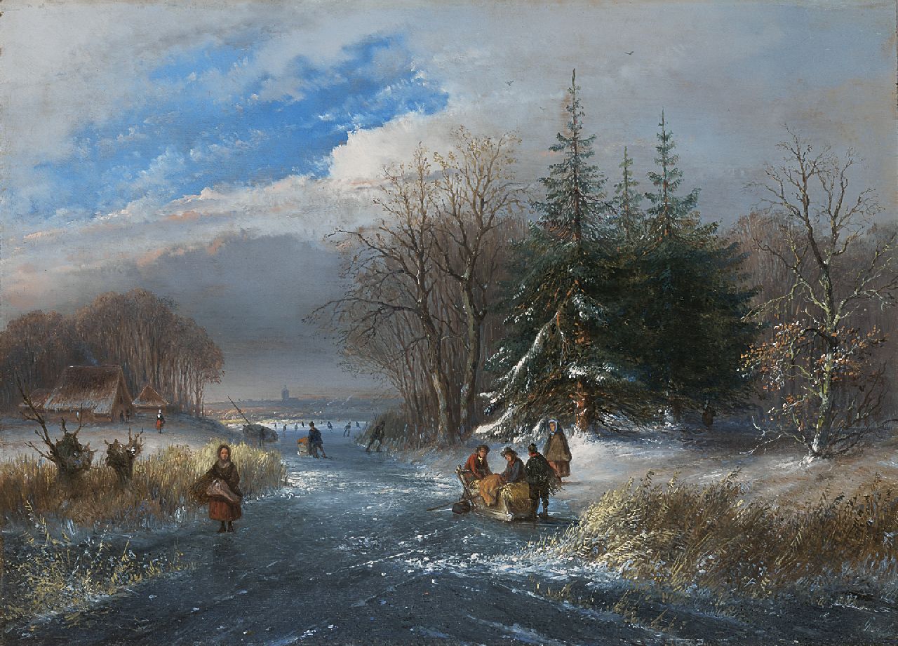 Hans J.G.  | Josephus Gerardus Hans, A winter landscape with skaters, oil on panel 26.7 x 36.8 cm