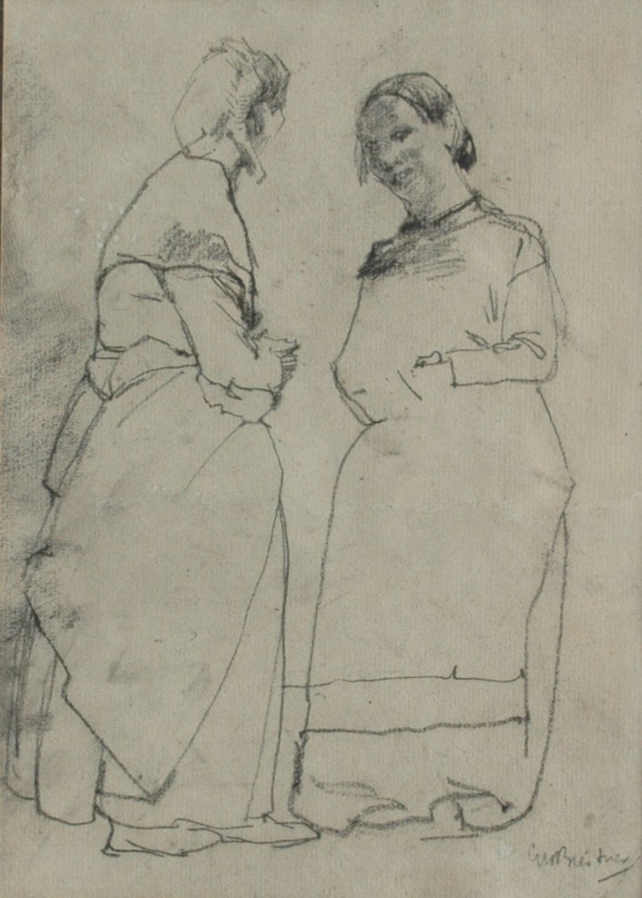 Breitner G.H.  | George Hendrik Breitner, Two servants busy talking, black chalk on paper 23.5 x 16.5 cm, signed l.r.