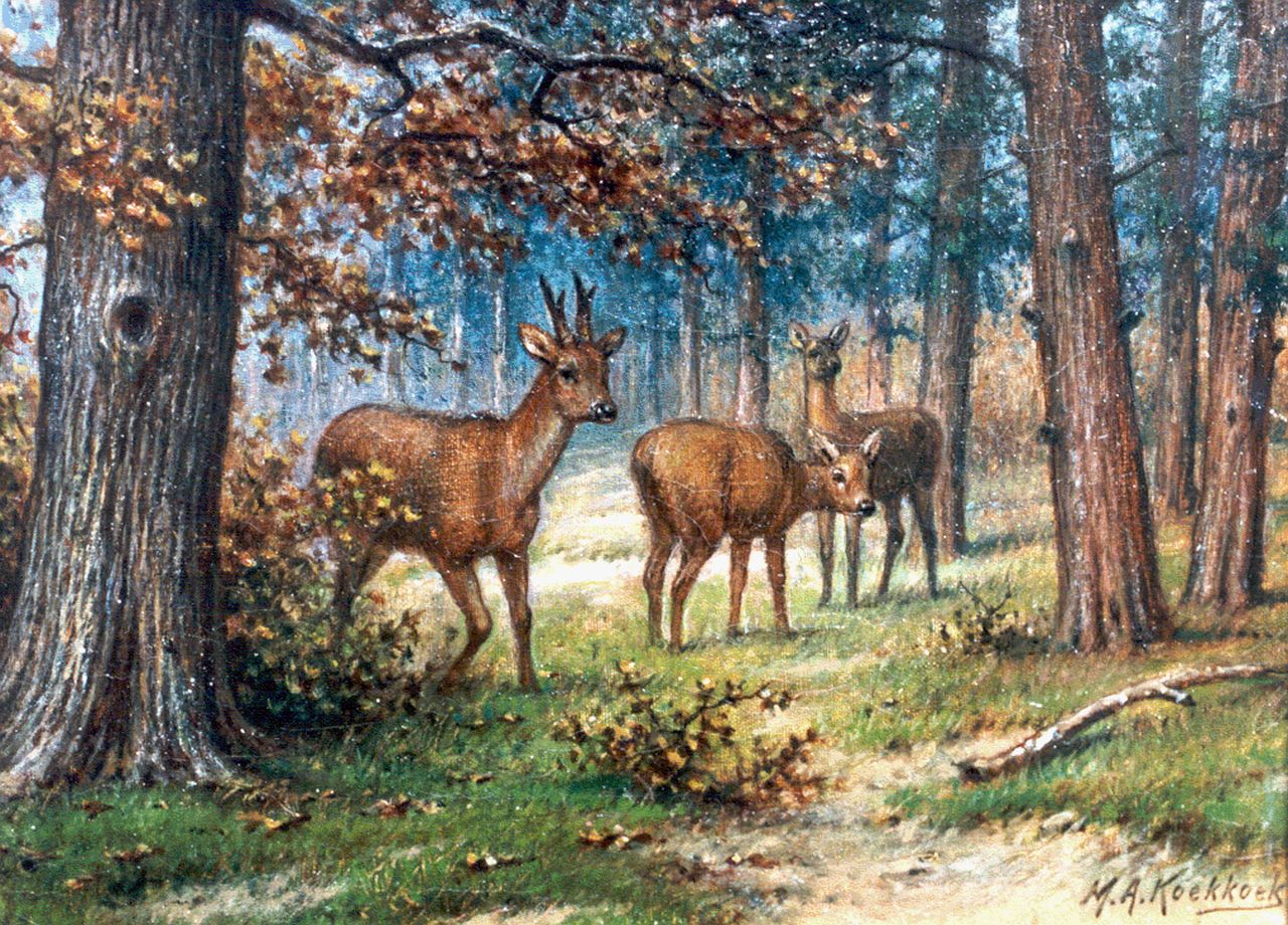 Koekkoek II M.A.  | Marinus Adrianus Koekkoek II, Deer in a forest landscape, oil on canvas 18.0 x 24.5 cm, signed l.r.