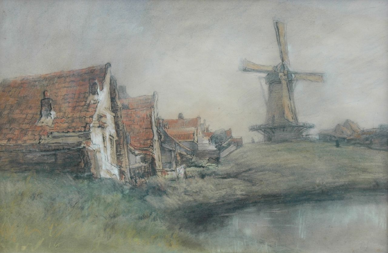 Wijsmuller J.H.  | Jan Hillebrand Wijsmuller, Houses and a windmill in a Dutch landscape, coloured chalk on paper 40.0 x 59.0 cm, signed l.r.