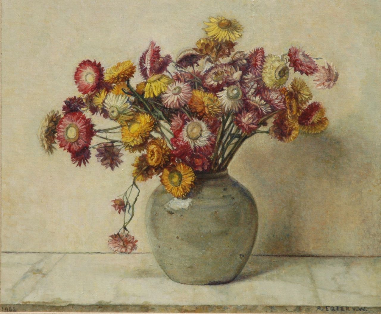 Egter van Wissekerke A.W.E.M.  | Anna Wilhelmina Elisabeth Maria 'Antje' Egter van Wissekerke, Strawflowers, oil on canvas 35.3 x 41.7 cm, signed l.r. and dated 1952