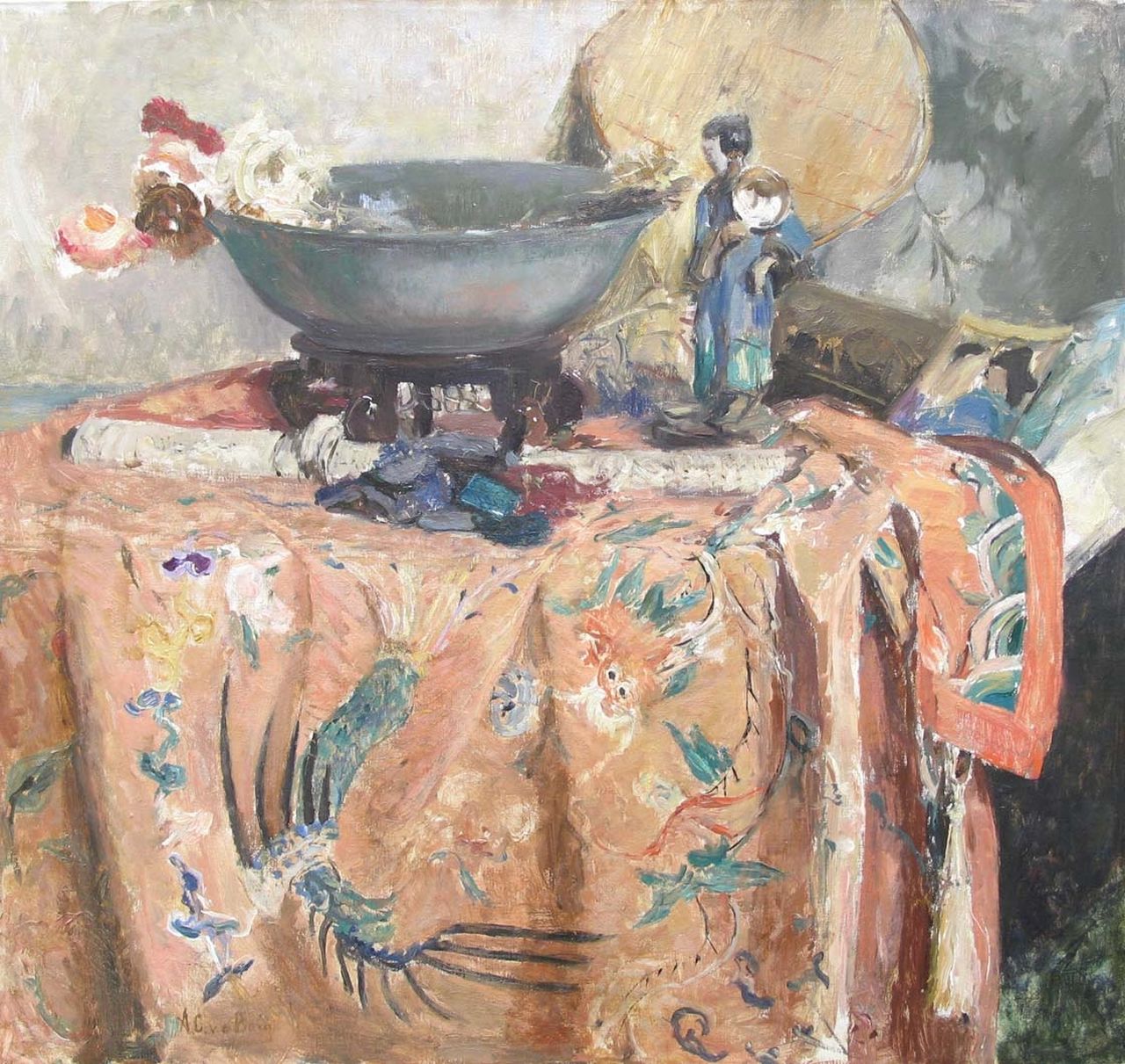 Berg A.C. van den | Anna Carolina 'Ans' van den Berg, The Chinese cloth, oil on canvas 67.6 x 72.0 cm, signed l.l.