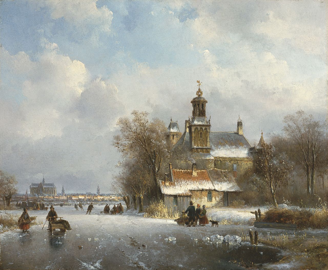 Kleijn L.J.  | Lodewijk Johannes Kleijn, A winter landscape with the St. Bavo church in the distance, oil on panel 34.7 x 42.3 cm, signed l.r.