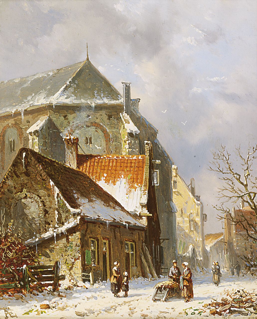 Eversen A.  | Adrianus Eversen, Figures in a snow-covered town, oil on panel 19.1 x 15.2 cm, signed l.l. with monogram