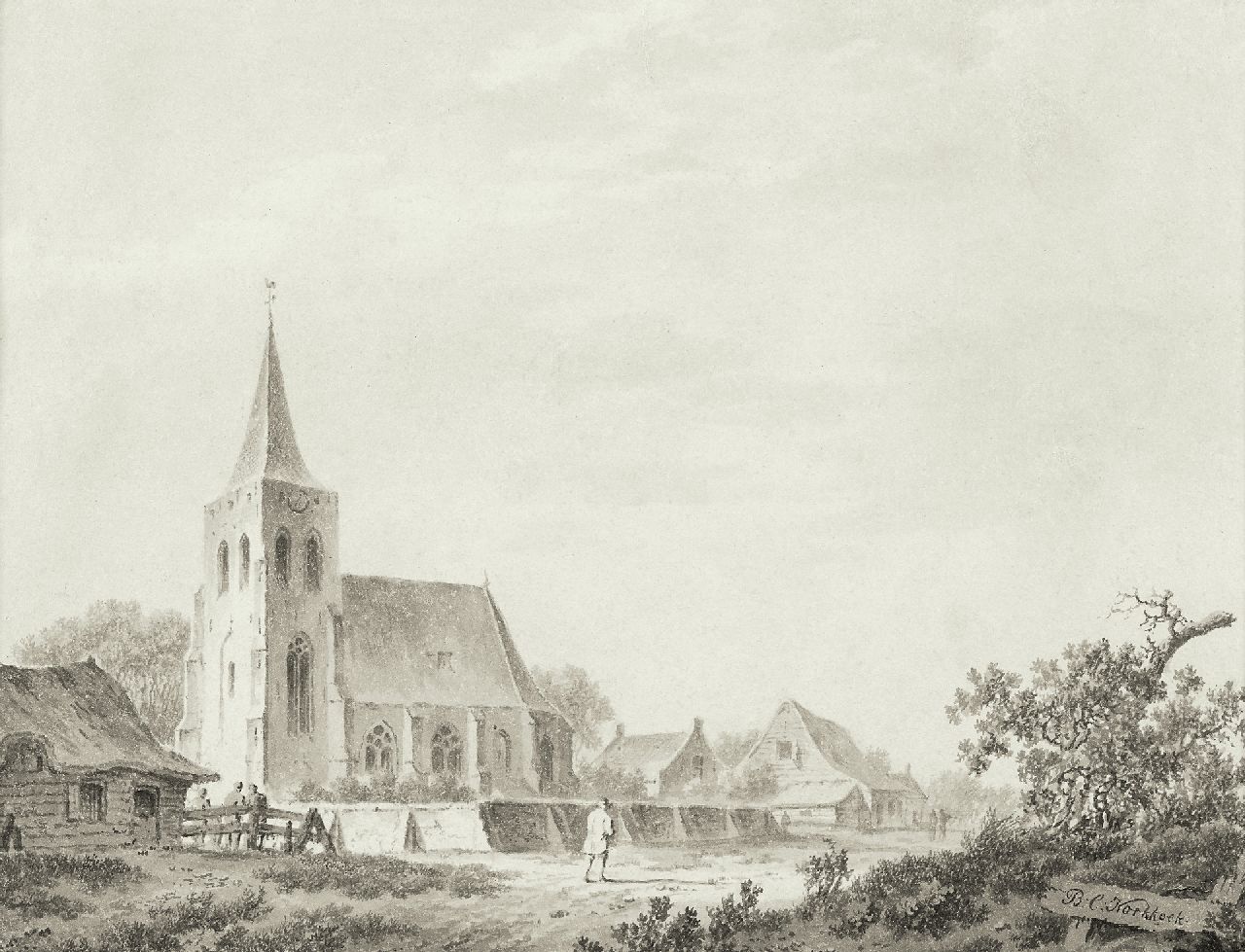 Koekkoek B.C.  | Barend Cornelis Koekkoek, A village church on a sandy path, pen, brush and ink on paper 15.5 x 19.5 cm, signed l.r.