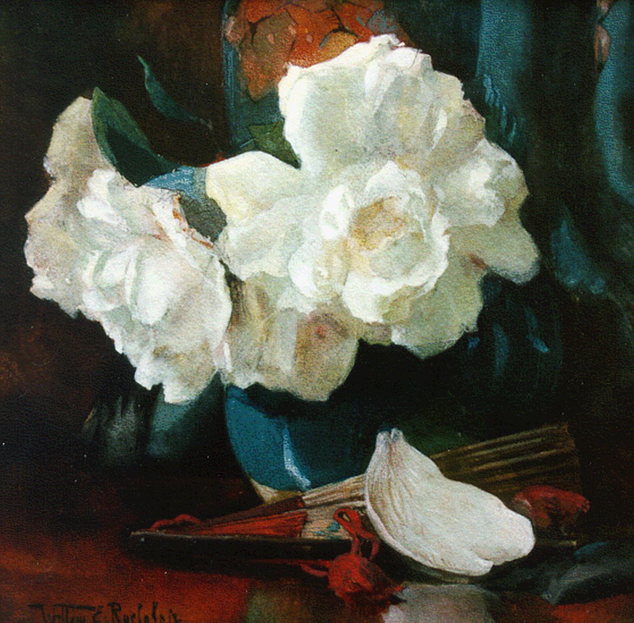 Roelofs jr. W.E.  | Willem Elisa Roelofs jr., Still life with white roses, watercolour on paper 24.9 x 25.5 cm, signed l.l.