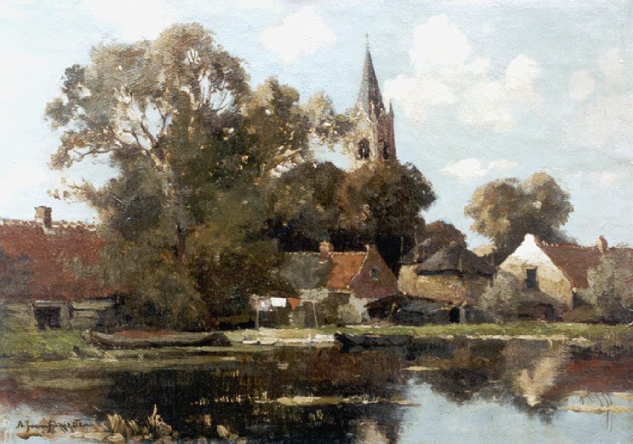 Driesten A.J. van | Arend Jan van Driesten, A view of Voorschoten, De Vliet in the foreground, oil on canvas laid down on panel 26.4 x 36.4 cm, signed l.l.