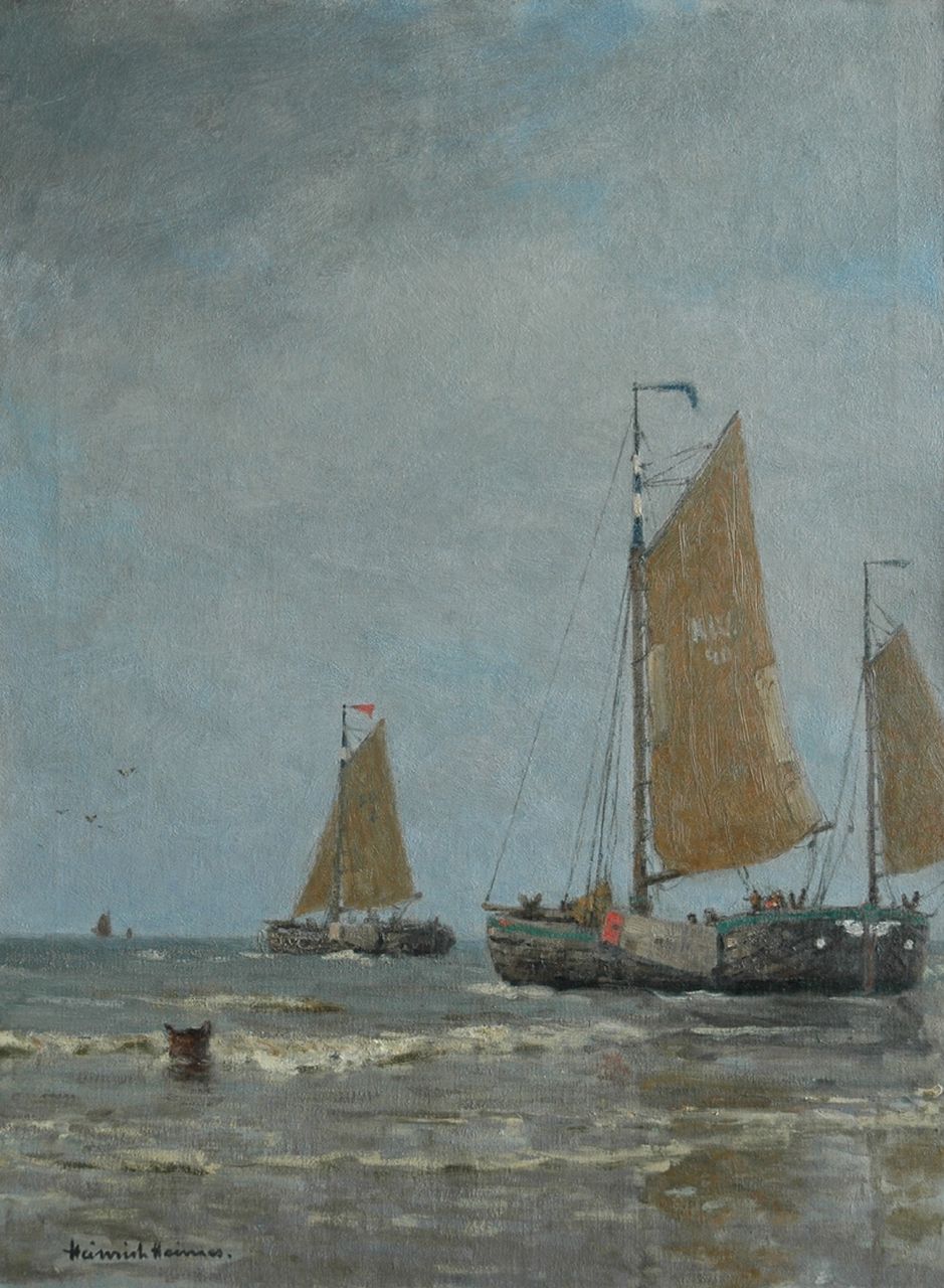 Heimes H.  | Heinrich Heimes, Fishing boats putting out to sea at Katwijk, oil on canvas 80.1 x 60.1 cm, signed l.l.