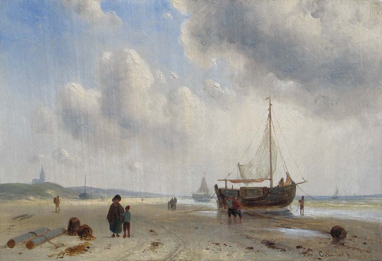 Leickert C.H.J.  | 'Charles' Henri Joseph Leickert, Barges and fishermen on the beach of Scheveningen, oil on panel 15.8 x 23.2 cm, signed l.r.