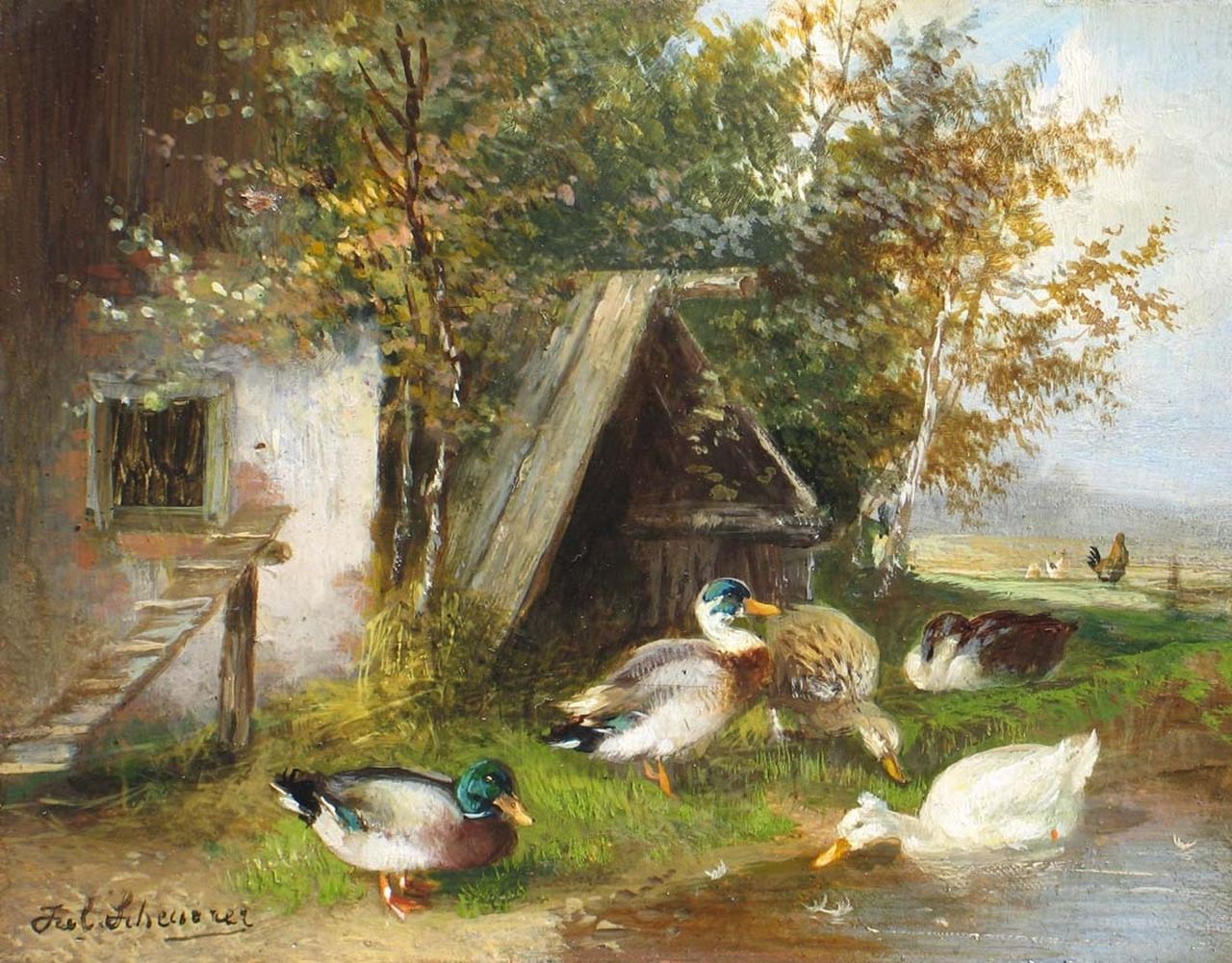 Scheuerer J.  | Julius Scheuerer, Ducks by a pool, oil on panel 10.0 x 13.5 cm, signed l.l.