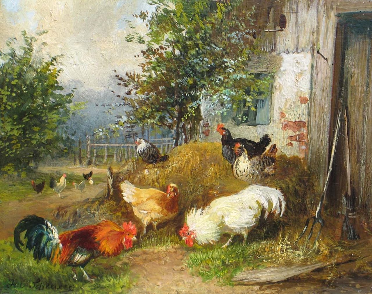 Scheuerer J.  | Julius Scheuerer, A fowl yard, oil on panel 10.4 x 13.5 cm, signed l.l.
