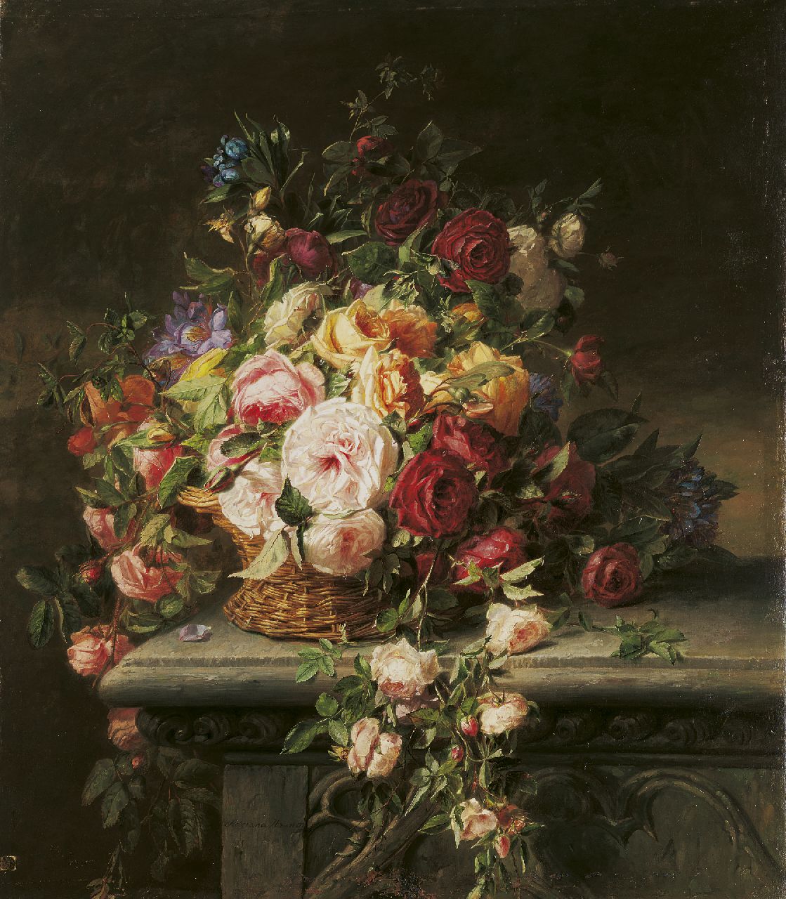 Haanen A.J.  | 'Adriana' Johanna Haanen, Basket with roses on a garden bench, oil on canvas 101.5 x 88.0 cm, signed l.c.