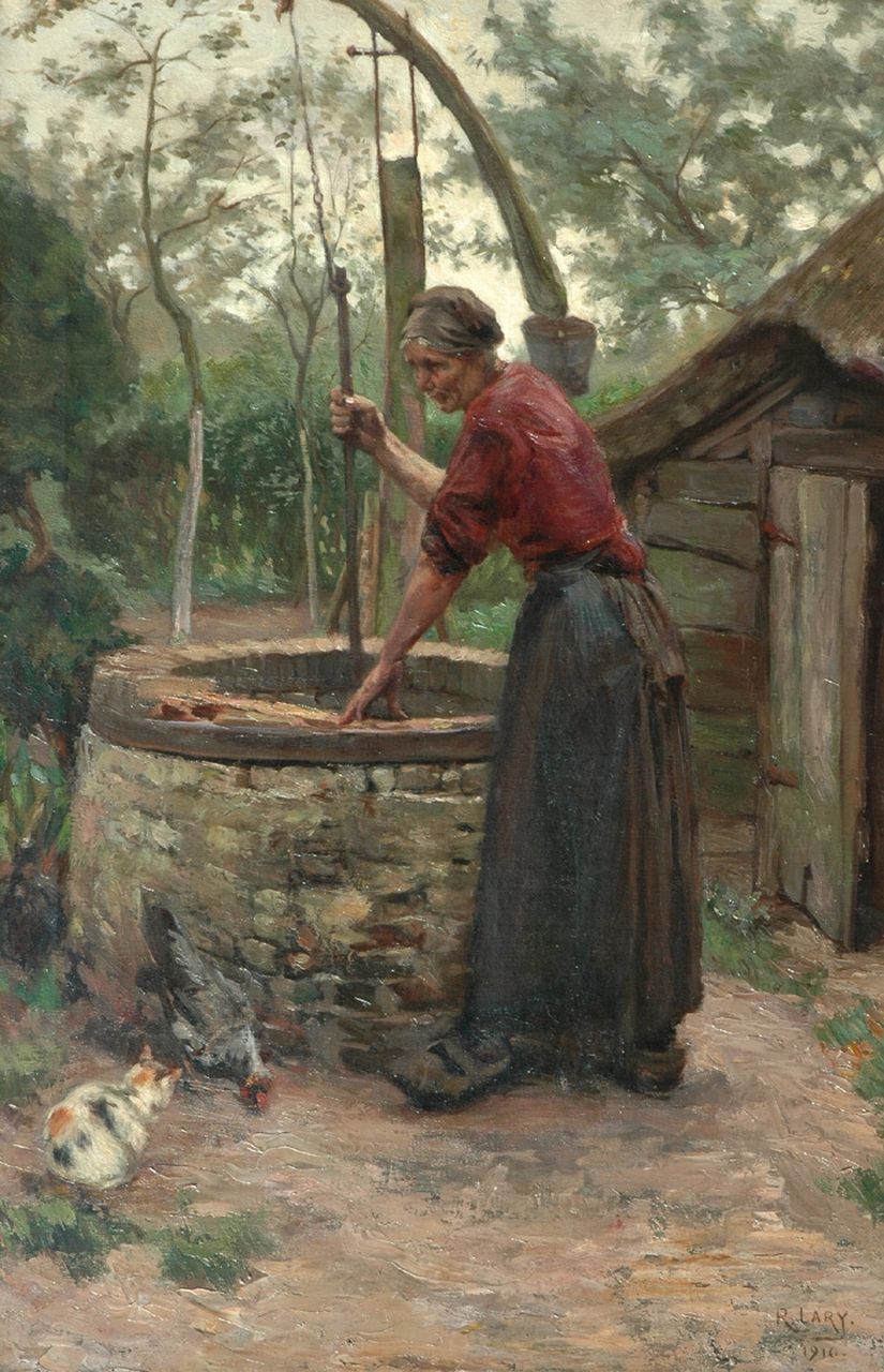 Larij R.  | Roeland 'Roland' Larij, Near the well, oil on canvas 91.0 x 61.2 cm, signed l.r. and dated 1910